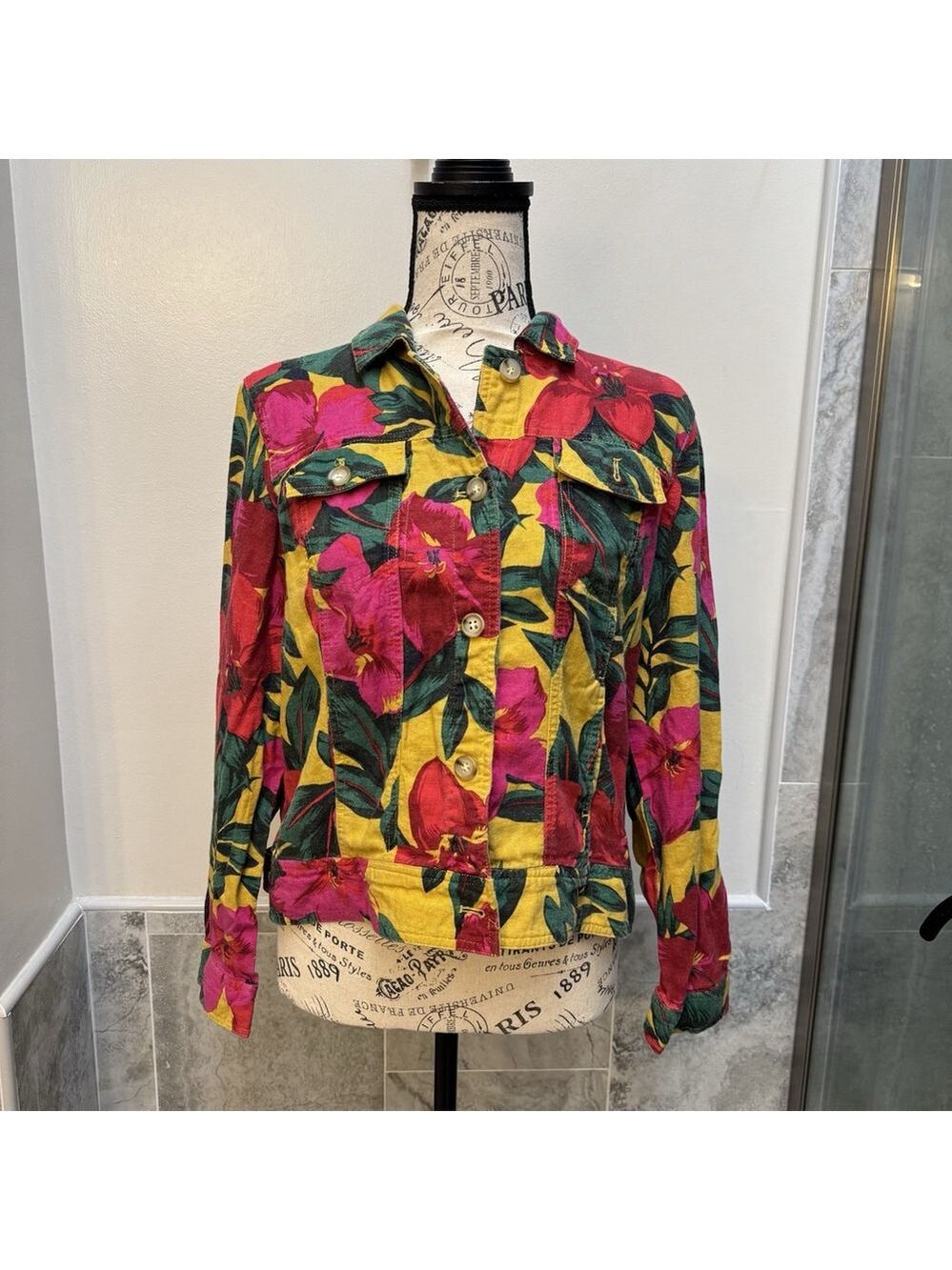 Tahari Linen Blend Jacket Tropical Floral Medium